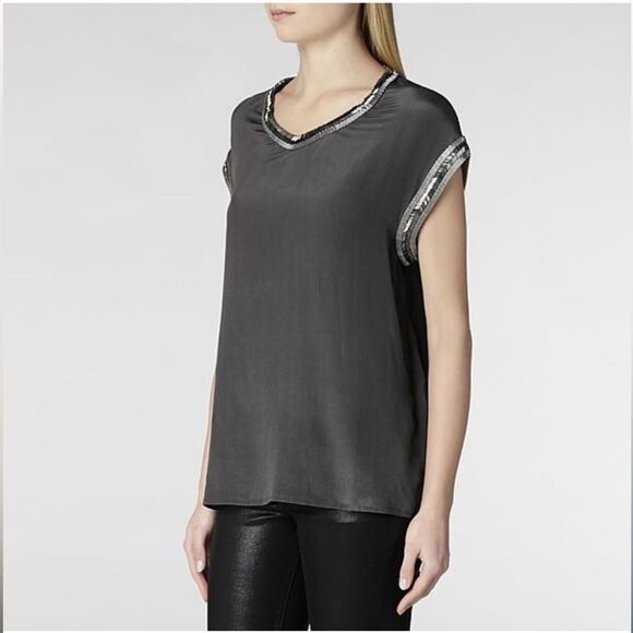 All Saints Axes Silk Blouse Hand Embellished Beaded Sz 4 Urban Designer Luxury